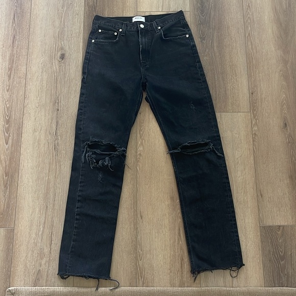 Agolde Black Distressed High Rise Straight Leg Fray Hem Cherie Jeans | 28 - Picture 7 of 10